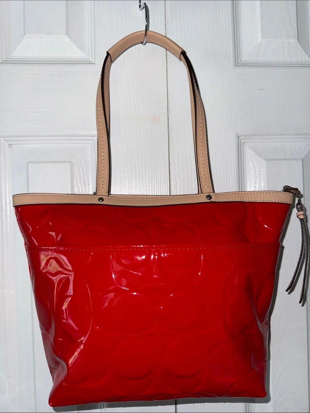 Coach Red Patent Tote with Tan Trim